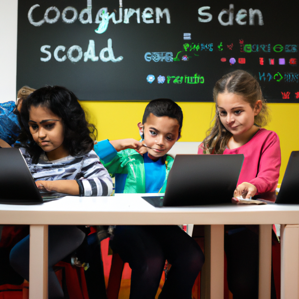 Kids coding together in a bright classroom with laptops and mentors supporting collaboration